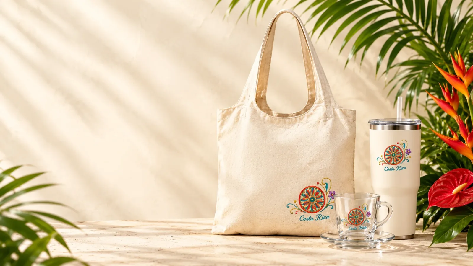 Bolsa, vaso térmico y taza con el bordado de Costa Rica, entre plantas tropicales